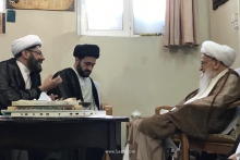 دیدار حجت‌الاسلام حاج سید جواد خوئی، مدیر مدرسه دارالعلم مرحوم آیت‌الله العظمی خوئی (قدس‌سره) با آیت‌الله العظمی صافی مدظله